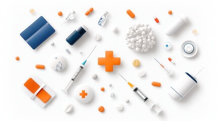 Healthcare tools and medications assortment modern flatline icon style digital illustration clean design aerial view contemporary concept for health awareness