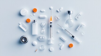 Healthcare tools and medications medical lab table image collection clean environment top-down view modern healthcare concept
