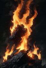 Black background ablaze with an ethereal storm of dark flames, intense heat , dark flames