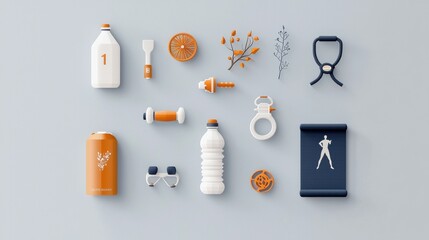Fitness essentials iconic outline illustrations of workout gear and accessories minimalist design studio environment creative perspective health concept