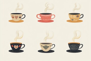 A whimsical vector set of coffee cups with unique steam patterns and decorative details.