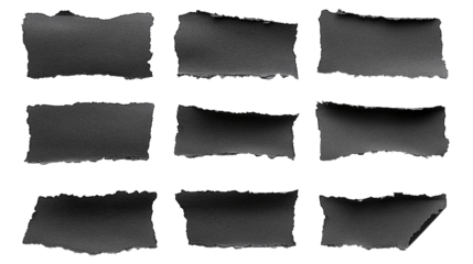 Set of black paper pieces, on a transparent background, PNG file