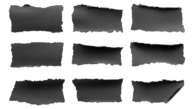 Set of black paper pieces, on a transparent background, PNG file