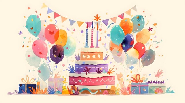 Watercolor design of colorful balloons, ribbons, and cakes for a festive occasion, inviting a cheerful celebration