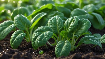 fresh mustard greens on the ground, vegetable plantation