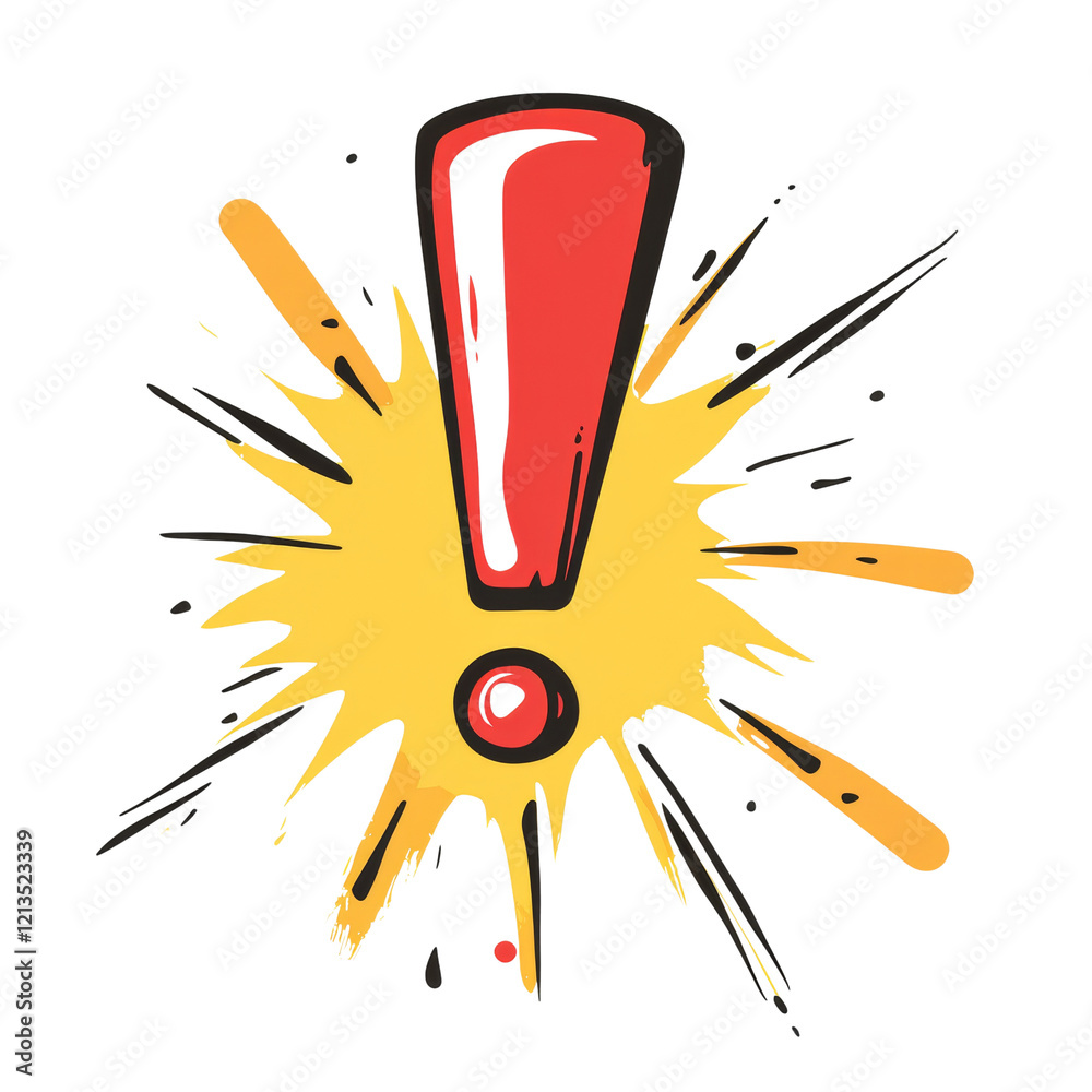 Poster a stylized red exclamation mark is shown on a yellow burst background conveying urgency or importanc