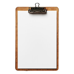 Blank Wooden Clipboard with White Paper Sheet Mockup work brown clean image isolated on transparent or white background, png