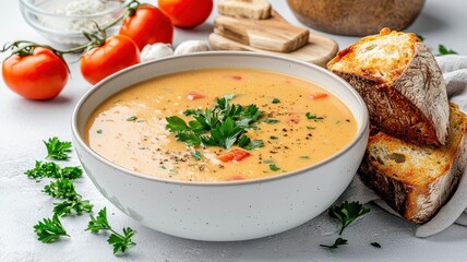 A creamy tomato soup garnished with fresh parsley, served with toasted bread and ripe tomatoes, creating a comforting and delicious meal.