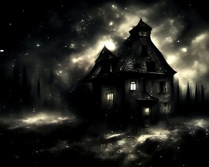 Fototapeta premium Dark, spooky house in a snowy, foggy forest at night.