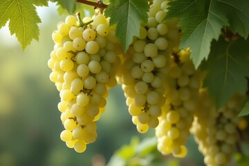 Fototapeta premium Large bunch of white grapes hanging and ready to harvest with copy space