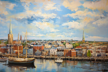 Obraz premium a 20th century oil painting at with clouds at sunset of a city view with a harbor and fishing port.