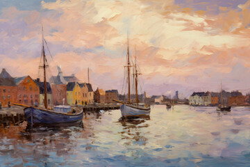 a 20th century oil painting at with clouds at sunset of a city view with a harbor and fishing port.