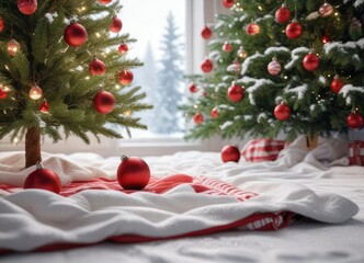 Christmas tree with red and white ornaments under a blanket of snow, snowy landscape, frosty atmosphere