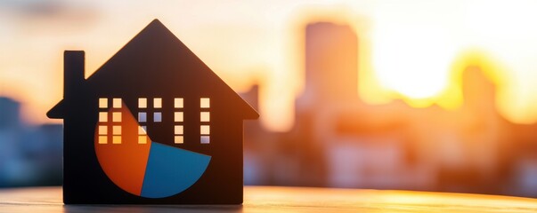 real strategy estate credit loans concept. Miniature house with a pie chart silhouette against a sunset background, symbolizing real estate analytics.