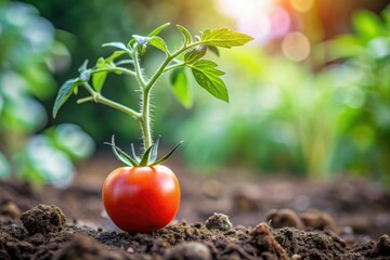 Close-up shot of a single tomato plant's stem with leaves and flowers, set against a blurred background of garden soil and stems., macro, botanical