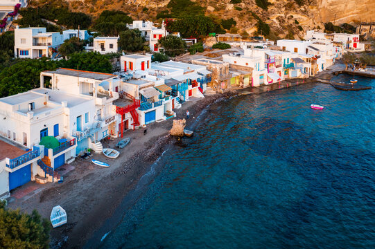 Aerial view of colorful houses near the sea, Milos island, Greece