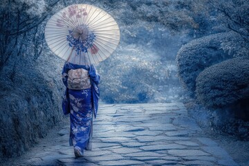 A woman dressed in a traditional blue kimono holding a decorative umbrella, walking gracefully on a stone path.