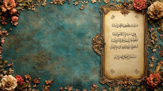 Antique frame, Islamic calligraphy, floral border, textured background, invitation design