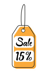 Discount tag indicating a 15 percent sale for promotional purposes