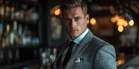Obraz premium Handsome man with blue eyes and brown hair, standing in bar background, generative AI