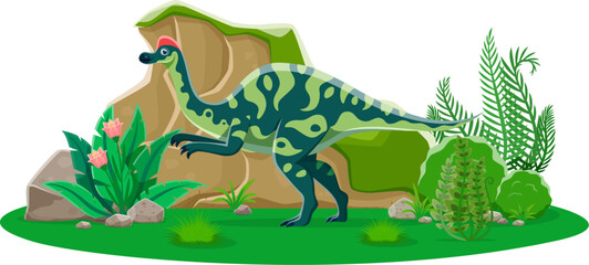 Cartoon dinosaur Hypacrosaurus, prehistoric lizard in Jurassic park forest, vector dino. Prehistoric funny Hypacrosaurus dinosaur lizard character for kids paleontology atlas or Jurassic era museum