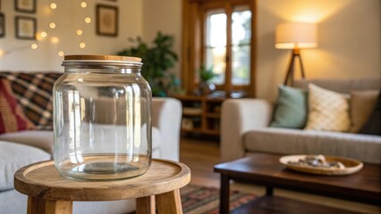 An empty glass jar sitting on a wooden stool in a cozy living room setting, stool, chair, minimalist, wooden