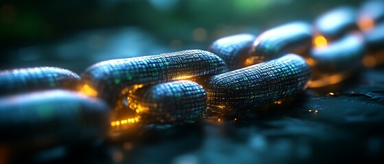 Glowing digital chain link close-up.