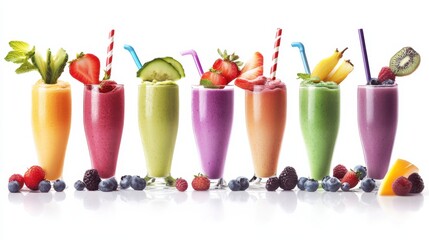 A visually appealing smoothie lineup, featuring different flavors and colors, from green detox to berry blast