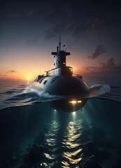 An underwater submarine navigating through darkness at sunset, seafloor, turbulence