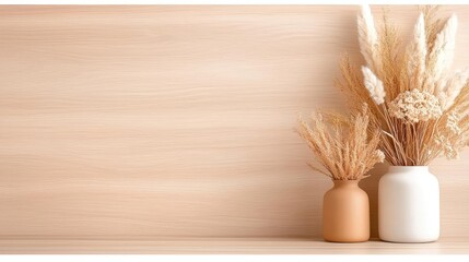Dried flowers in vases on wooden shelf.  Interior design, home decor
