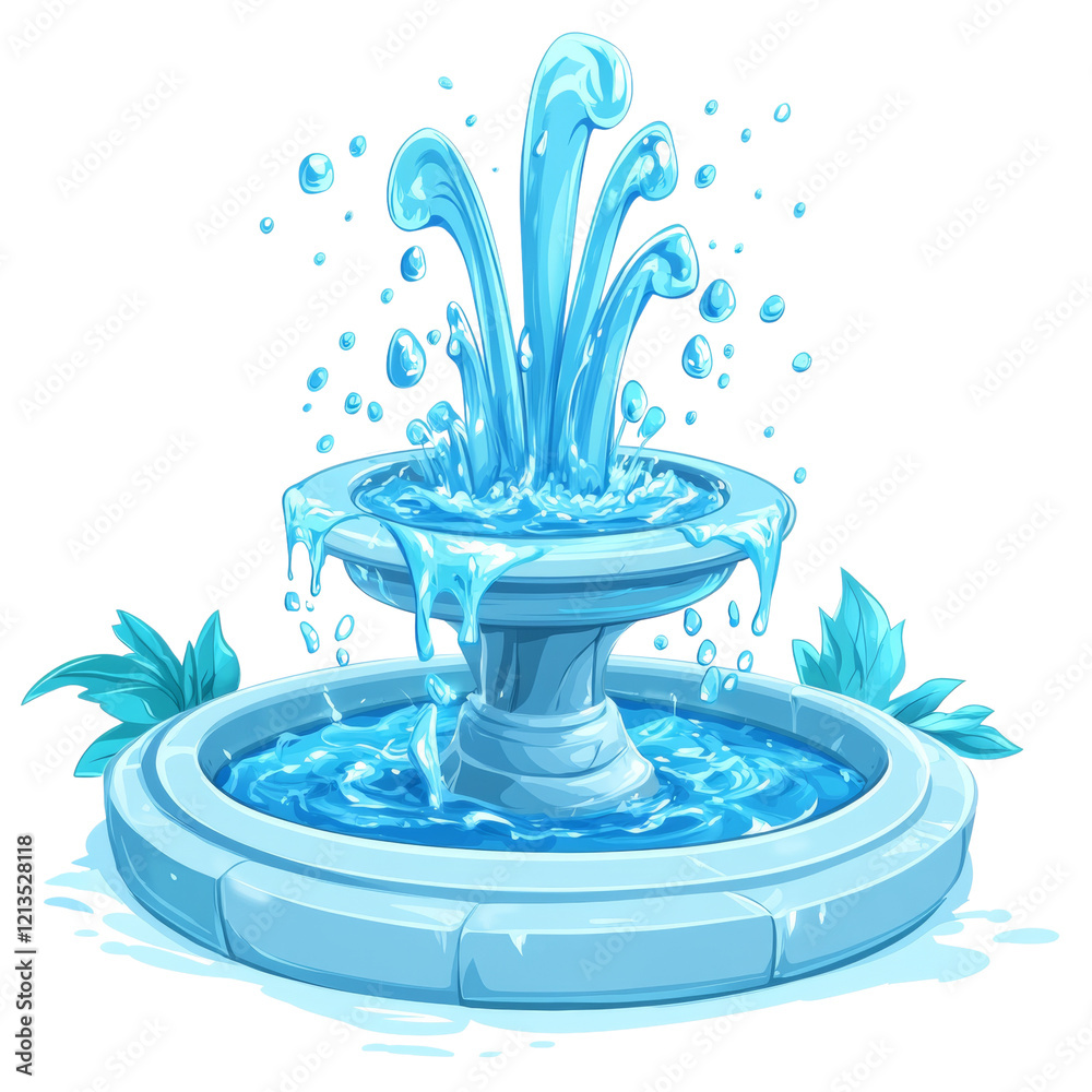 Poster the image shows a cartoon illustration of a decorative stone fountain with water splashing dynamical