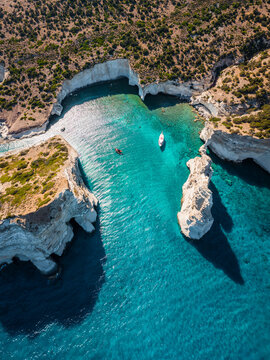 Aerial view of Kleftiko bay with white rock formations, Milos island, Greece