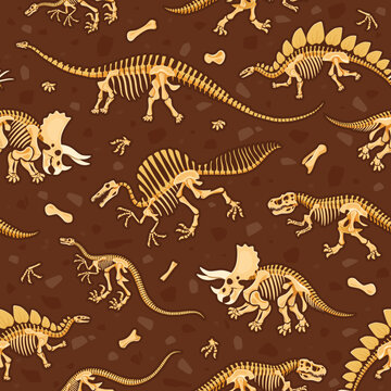 Prehistoric dinosaur fossils seamless pattern. Dino skeletons, bones and skulls vector background. Cartoon tyrannosaurus, triceratops, stegosaurus, velociraptor and spinosaurus dinosaur fossil pattern