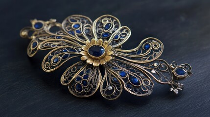 Fototapeta premium Antique Filigree Brooch with Sapphires: A Masterpiece of Craftsmanship
