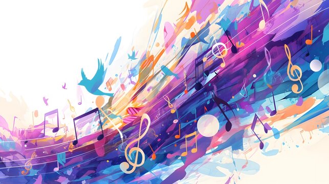 Watercolor splash background with musical notes, creating a colorful, artistic atmosphere for music-related content