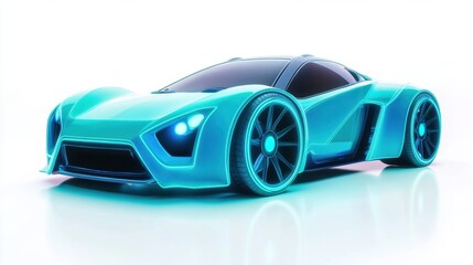 A cartoon electric sports car in icy blue, with a futuristic design, glowing wheels, and an eco-friendly logo, on a white background.