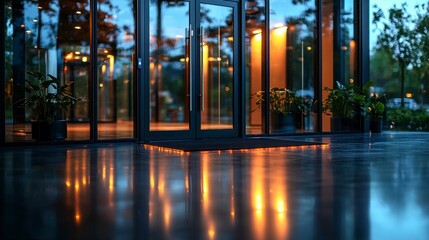 Fototapeta premium Office lobby hall blur background, featuring a glass curtain wall, illuminated floor, and a spacious corridor leading to an empty entrance with exterior light coming through.