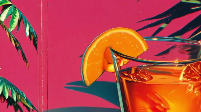 Vibrant Tropical Drink with Orange Slice and Ice Cubes, Abstract and Fashion Background