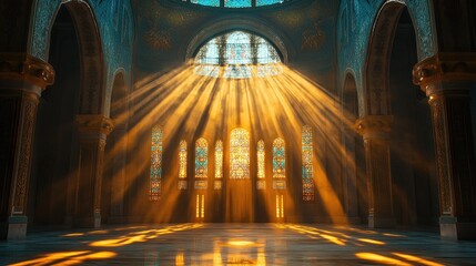 Obraz premium Sunbeams illuminate Gothic cathedral interior