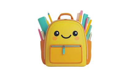 A playful cartoon backpack with open zippers and school supplies peeking out, smiling on a white background.