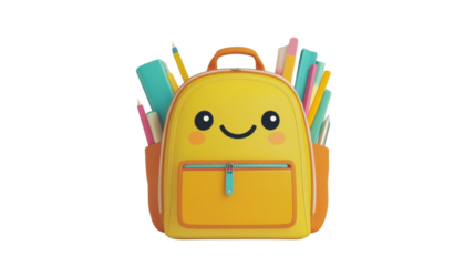 A playful cartoon backpack with open zippers and school supplies peeking out, smiling on a white background.