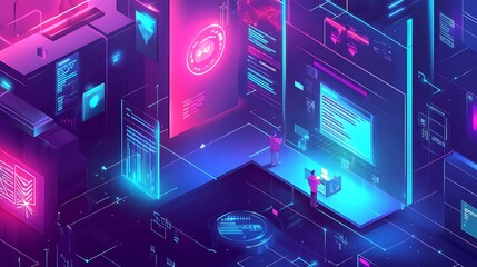 Futuristic Digital Interface Showing Data Processing and Users