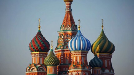 The Red Square in Moscow, Russia, with the colorful onion domes of Saint Basil Cathedral at sunset