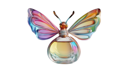 A whimsical perfume bottle shaped like a butterfly, with colorful wings as the cap and pastel liquid inside, on a plain white background.