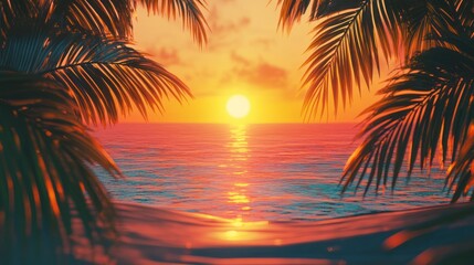 Tropical sunset with a bright sun over the ocean framed by palm tree leaves