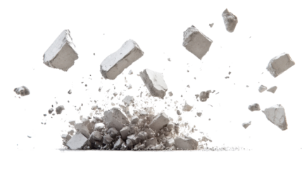 An image of concrete debris exploding in mid-air against a white background 
