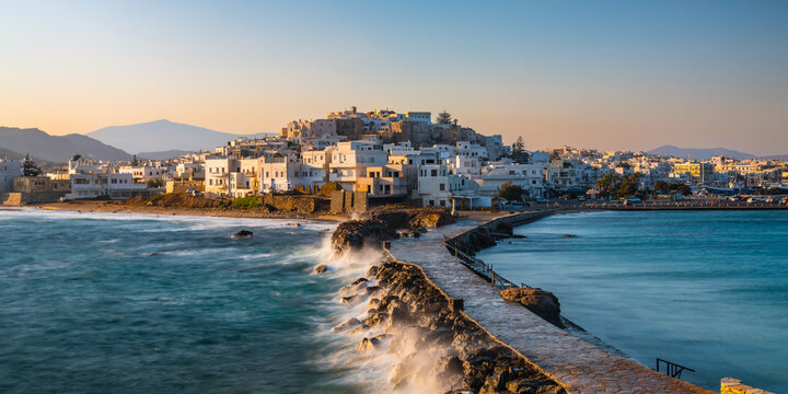 Panoramic view of Chora town at sunset, Naxos island, Greece