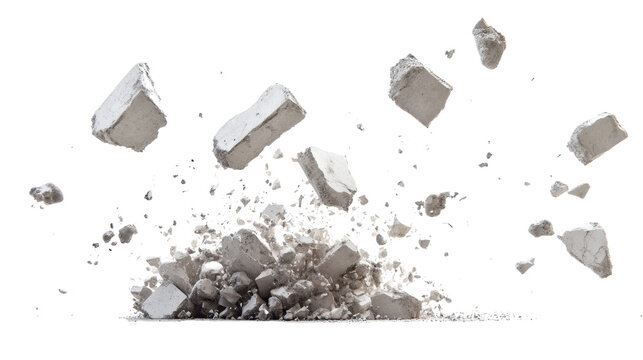 An image of concrete debris exploding in mid-air against a white background 