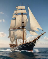 Classic yacht under full sail with white sails and wooden hull, waves, wood