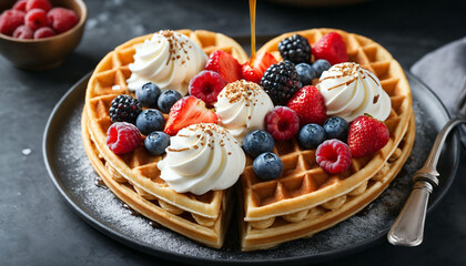 Heart-shaped Waffle with chocolate sauce, syrup, nuts and fruits, close-up photo